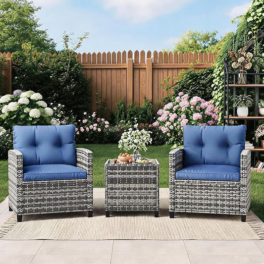 IDEALHOUSE 3-Piece Outdoor Patio Furniture Set, PE Rattan Wicker Conversation Chairs with Tempered Glass Side Table and Removable Cushions, Balcony, Porch & Garden Seating Set, Grey+Navy Cushion