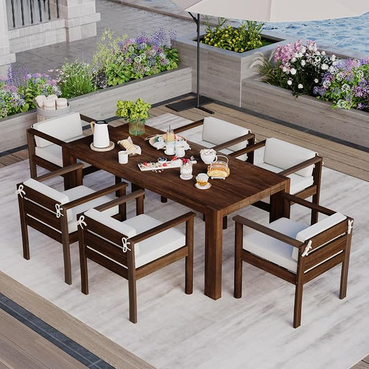 VilroCaz Outdoor 7-Piece Patio Dining Table Set, All-Weather Acacia Wood 72.8" Rectangle Table and 6 Chairs Set with Umbrella Hole and Removable Cushions for Backyard Garden Poolside (Mocha 72.8'')