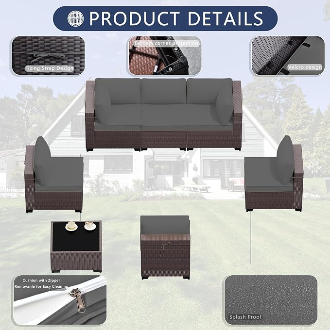 Outdoor Patio Furniture Set, 7 Pieces Outdoor Sectional Furniture Patio Sofa, All-Weather PE Rattan Patio Conversation Set with Tempered Glass Top Table & Cushions(Grey).