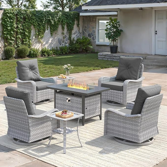 7-Piece Outdoor Conversation Set with 43" Fire Pit Table, 4 Swivel Rocking Chairs (4" Cushions) & 2 Side Tables, All-Weather PE Rattan & Steel Frame for Porch, Deck, Charcoal Gray