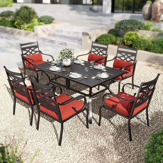 PHI VILLA Patio Dining Set, Metal Table | Metal chairs, Red Cushion, Umbrella Hole, Cushions, E-coated