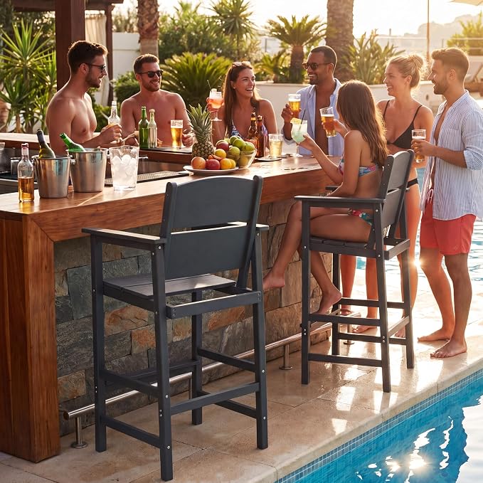 6 Pack Outdoor Bar Stools, HDPE Patio Bar Chairs with Armrests & Footrest, Weather Resistant All-Weather Counter Height Chairs for Outdoor Deck, Backyard, Poolside,Grey