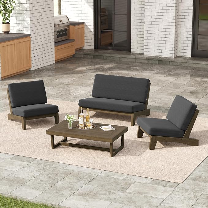 4 Pieces Patio Furniture Sets, All-Weather Outdoor Wood Bistro Set Patio Conversation Coffee Table Chiars and Patio Loveseat for Balcony, Backyard