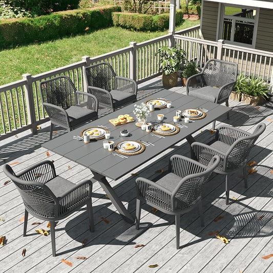 LayinSun Outdoor Dining Set for 6, 7 Pieces Patio Furniture Sets with Aluminum Dining Table and Rope Weave Chairs