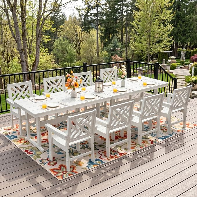 HDPE Dining Table Set for 8,10-Piece Outdoor Table and Chairs Include 8 Dining Chairs and 2 Pcs 62.5" Patio Dining Table with Umbrella Hole (White)