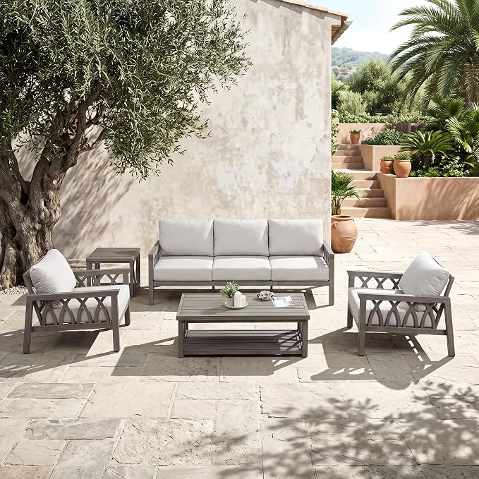 5-Piece Patio Furniture Set, Aluminum Outdoor Sectional Couch Set, Patio Conversation Set with Thick Cushions, Weather-Resistant Outdoor Furniture Set for Porch, Deck, Pool, Limed Oak