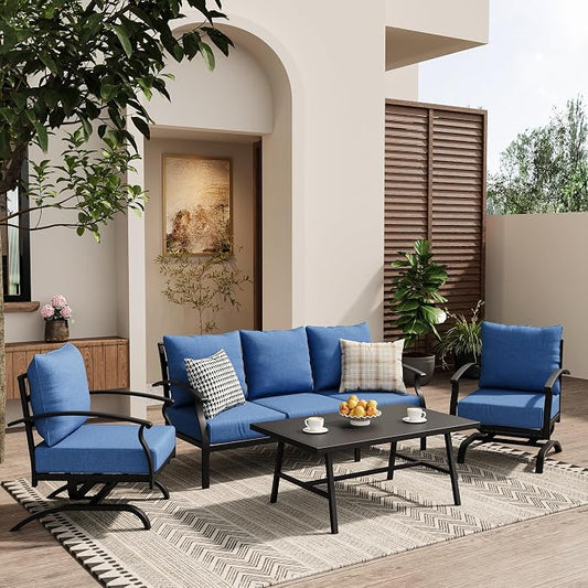 ALAULM 4 Piece Patio Furniture Set,Outdoor Metal Patio Furniture with Coffee Table & Rocking Chairs Conversation Set for Porch,Backyard,Poolside, Garden-DarkBlue