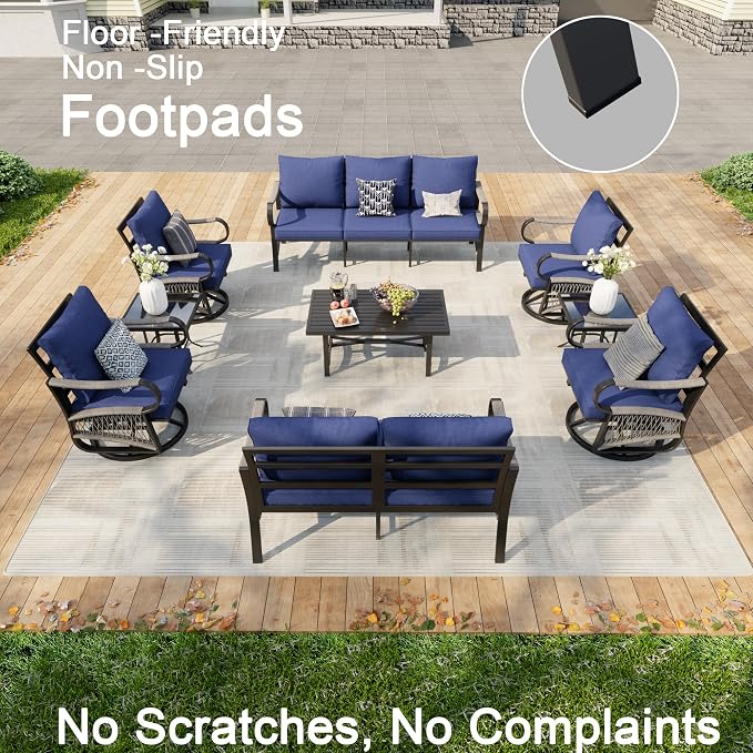 9 Pieces Patio Furniture Set, Metal Outdoor Conversation Sets with Swivel Chairs, Modern Couch Sofa Seating Group with Coffee Table and Side Table (Thick Blue Cushions)