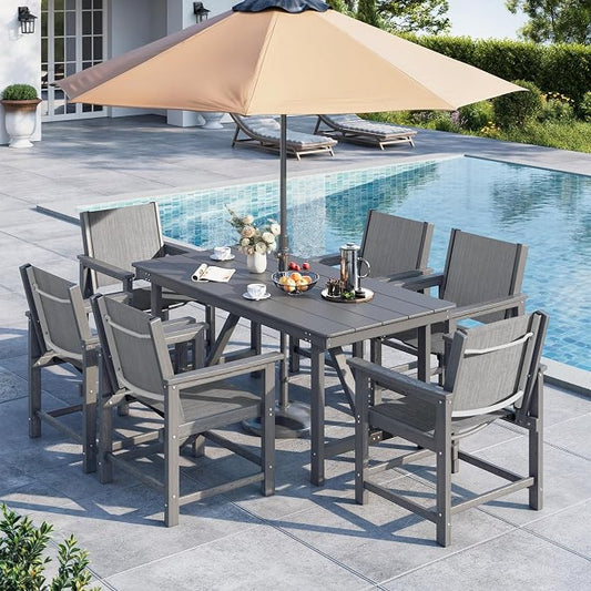 7 Piece HDPE Patio Dining Set, All-Weather Outdoor Table and Chair Sets with Umbrella Hole Outdoor Dining Table Sets of 6 Textilene Fabric Patio Chairs for Backyard, Poolside, Garden, Deck(Gray)