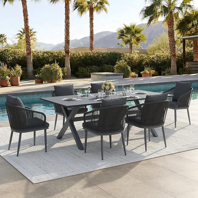 7-Piece Patio Dining Table Sets, Woven Wicker Dining Set with Rectangular Aluminum Table and Dining Chairs Modern Outdoor Dining Furniture Set for Outdoors and Indoors