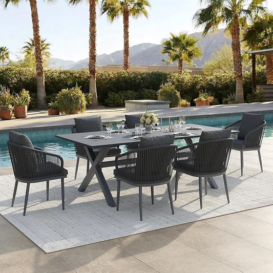 7-Piece Patio Dining Table Sets, Woven Wicker Dining Set with Rectangular Aluminum Table and Dining Chairs Modern Outdoor Dining Furniture Set for Outdoors and Indoors