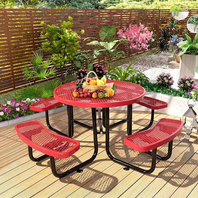 46" Round Metal Picnic Table for 4-8 Person, Durable Heavy Duty Commercial Picnic Table with Umbrella Hole for Outdoor Coffee Shop, School, Hospital, Easy to Install, Red