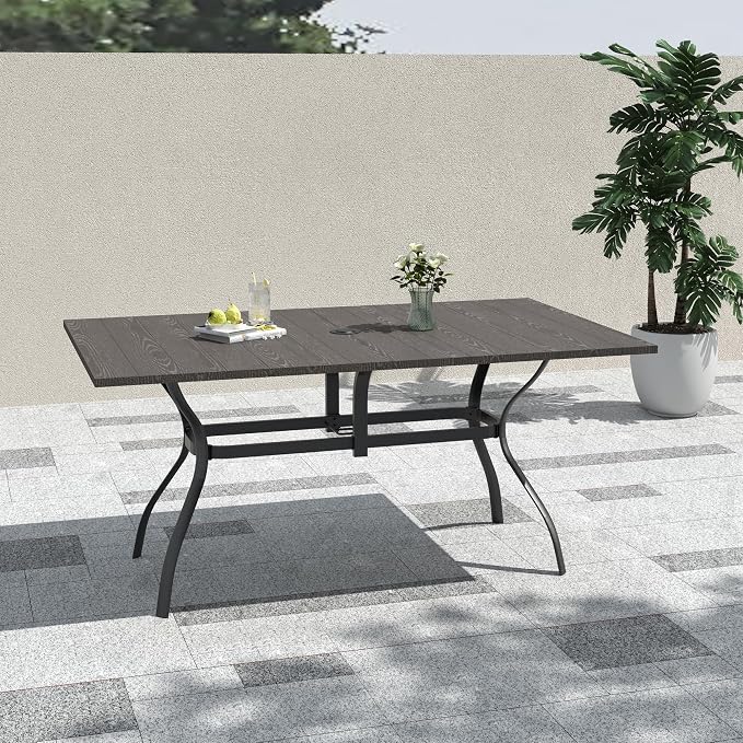 63" Wood-like Embossing Rectangle Outdoor Patio Dining Table for 6 Person | 63" x 38" x 28" Rectangle, Metal Wood-like Embossing Table Top, 1.57"-1.9" Adjustable Umbrella Hole, 6 Person Use