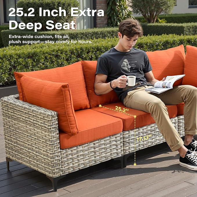 9 Pieces Outdoor Sectional Patio Furniture Set with 42" Fire Pit,Conversation Sets Rattan Wicker L Shaped Couch Swivel Rocking Chairs,Modular Outdoor Sofa for Porch Balcony Backyard Orange
