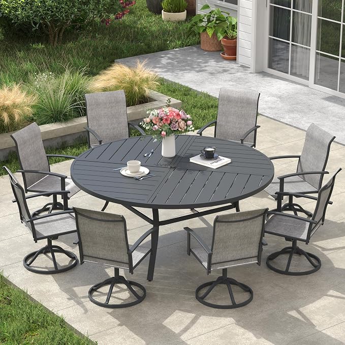 VICLLAX Outdoor Table and Chairs Set for 8, Patio Dining Set of 60 Metal Round Patio Table with Umbrella Hole & 9 Swivel Outdoor Dining Chairs for Backyard Lawn, Grey & Dark Grey