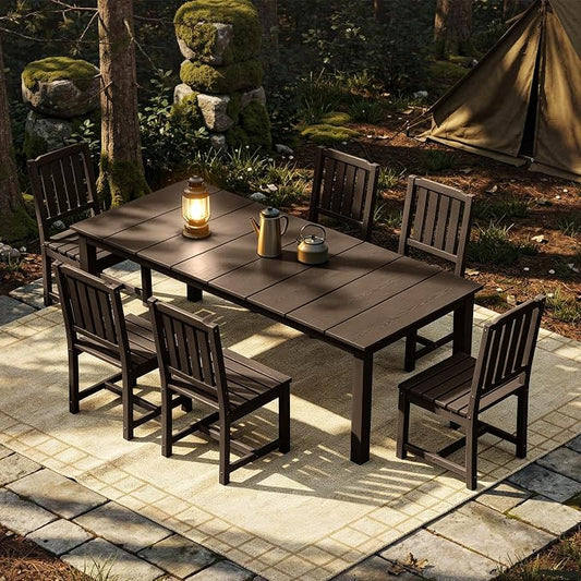 AreShark 7-Piece Outdoor Dining Set,HDPE Patio Table with 6 Armless Chairs,All-Weather Patio Furniture Set with Umbrella Hole,Low Maintenance Wood Grain Dining Set for Backyard,Garden,Poolside,Black