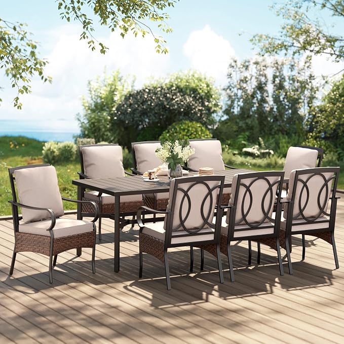 PHI VILLA 9 Piece Patio Dining Set, 83" Rectangular Metal Dining Table with Umbrella Hole, 8 Fixed Chairs with Waterproof Cushions, All Weather Outdoor Furniture for Deck, Backyard