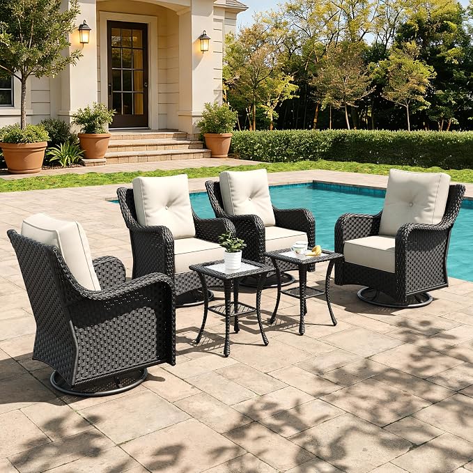 6 Pieces Outdoor Furniture Set with 6-inch Cushions, High Back Wicker Swivel Rocker Chairs with Coffee Table, Luxury Conversation Set for Deck Patio and Poolside