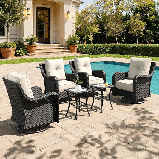 6 Pieces Outdoor Furniture Set with 6-inch Cushions, High Back Wicker Swivel Rocker Chairs with Coffee Table, Luxury Conversation Set for Deck Patio and Poolside
