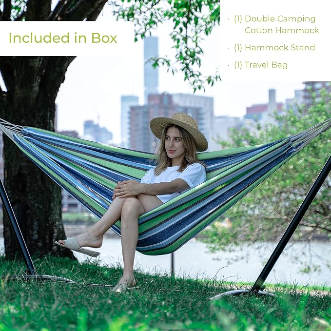 Backyard Expressions Double Camping Hammock with Steel Stand & Carrying Bag, Adjustable Height, Ultra Soft Cotton Blend, 550 lb Capacity, Indoor & Outdoor Portable Hammock