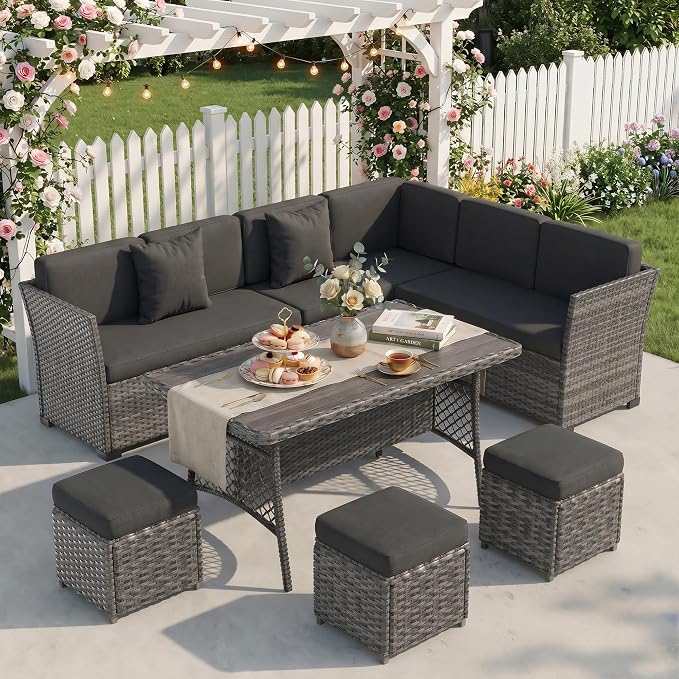 Patio Furniture Set, 7 Pieces Outdoor Dining Sets, All Weather Rattan Conversation Set, Outdoor Dining Sectional Sofa with Large Dining Table, Ottoman (Grey-Drak Grey, A-7 Pieces)
