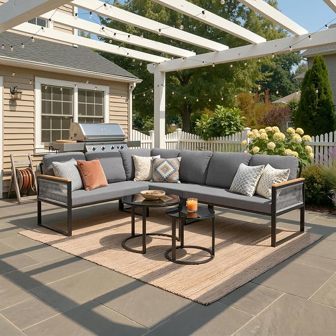 7-Piece L-Shaped Outdoor Sectional Sofa Set with Nesting Table | Hand-Woven PE Wicker, All-Weather Steel Frame, 4.3-Inch Thick Removable Cushions, Glass Coffee Table, Patio Conversation Set