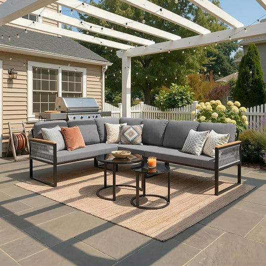 7-Piece L-Shaped Outdoor Sectional Sofa Set with Nesting Table | Hand-Woven PE Wicker, All-Weather Steel Frame, 4.3-Inch Thick Removable Cushions, Glass Coffee Table, Patio Conversation Set