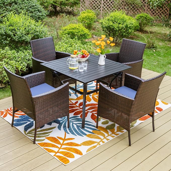 Sophia & William Patio Table and Chairs Set for 4, 5 Pieces Outdoor Dining Set, Square Metal Outdoor Table and Rattan Chairs with 1.57" Umbrella Hole, Seat Cushions