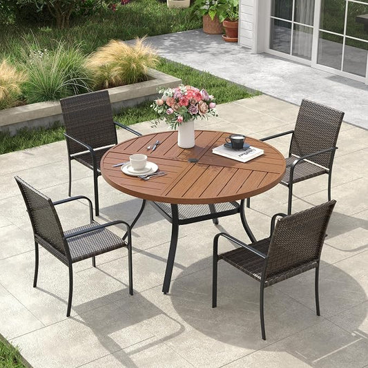 VICLLAX 5 Pieces Outdoor Dining Set, 4 Stakable Wicker Patio Chairs and 40.6" Patio Round Metal Table with Umbrella Hole for Backyard Lawn Garden, Walnut Tabletop