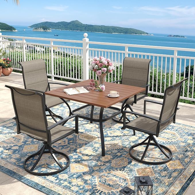 Outdoor Dining Set for 4, 37.8" Outdoor Dining Table with Umbrella Hole and Padded Textilene Patio Swivel Chairs, 5 Pieces Patio Table and Chairs Set for Garden, Mixed Brown and Walnut