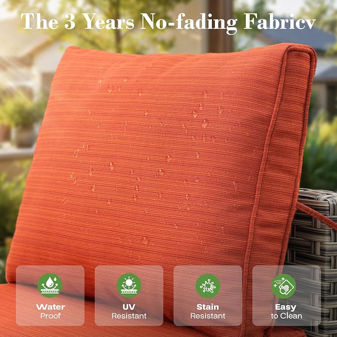 8 Pcs Patio Furniture with Fire Pit Table, Outdoor Rattan Wicker Conversation Set with Glowing Coffee Table, Comfy Sectional Sofa for Porch Balcony Backyard Pool, Orange