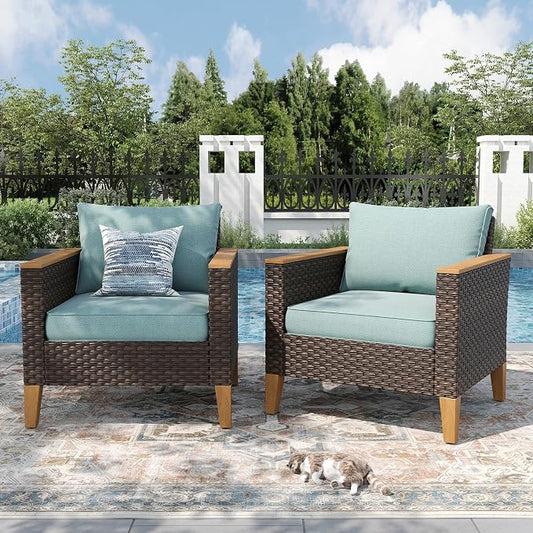 PHI VILLA Wicker Patio Furniture Sofa Set, 2 Seats Rattan Sofa with Deep Seating for Poolside, Garden 2 x Single Sofa, Aqua Blue