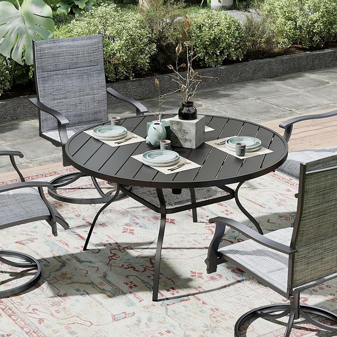47.2 Inch Round Patio Table for 4 with Adjustable Umbrella Hole, Rust-Resistant Metal Frame, Outdoor Dining Table All-Weather for Backyard, Garden, Lawn, Poolside, and Outdoor Café Use – Black