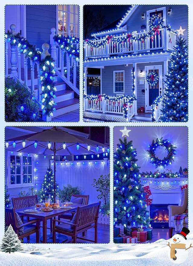 C9 Christmas Lights Outdoor, 102FT 150 LED String Lights with Spring Clips | Waterproof Connectable Commercial Grade Christmas Tree Lights for Outside Roofline Patio Yard Home Decor, Blue|Pure White