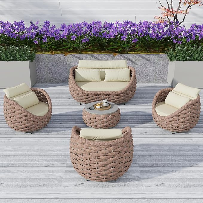TWT Outdoor Patio Furniture Set-5 Pieces Aluminum Sectional Sofa, Metal Patio Conversation Set with Loveseat & Armchair, Textile Rope and Coffee Table, Light Brown