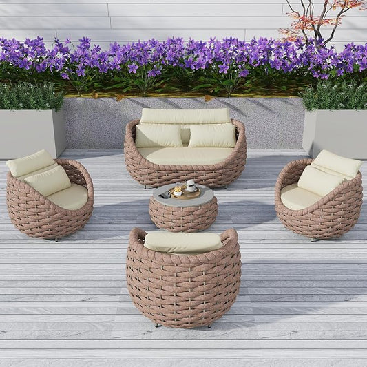 TWT Outdoor Patio Furniture Set-5 Pieces Aluminum Sectional Sofa, Metal Patio Conversation Set with Loveseat & Armchair, Textile Rope and Coffee Table, Light Brown