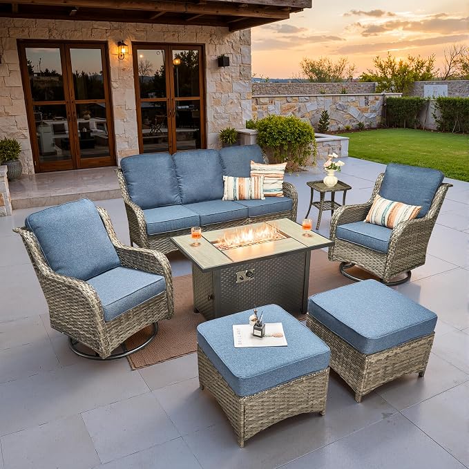 ovios 7-Piece Patio Furniture Set with Swivel Chairs Side Table, Outdoor Wicker Sofa with 42" Fire Pit Table, High Back Couch Modern Conversation Sets, Grey/Denim Blue