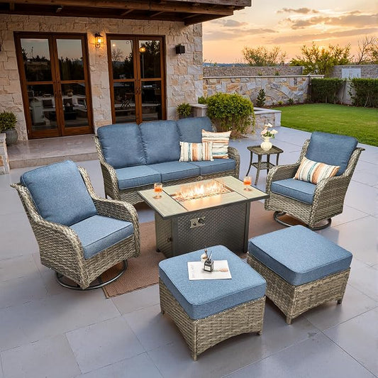 ovios 7-Piece Patio Furniture Set with Swivel Chairs Side Table, Outdoor Wicker Sofa with 42" Fire Pit Table, High Back Couch Modern Conversation Sets, Grey/Denim Blue