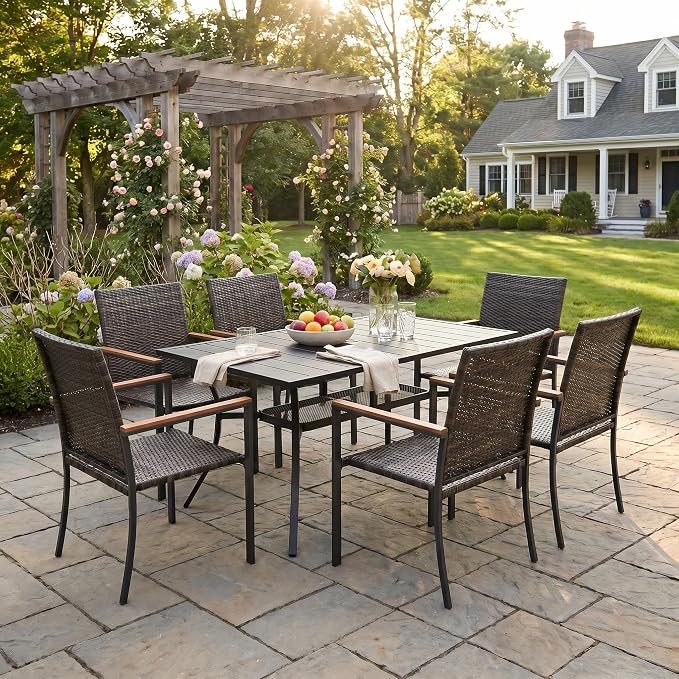 VICLLAX Patio Dining Set for 6, 59" Black Rectangle Table & Rattan Chairs