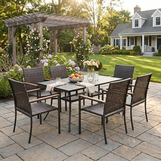 VICLLAX Patio Dining Set for 6, 59" Black Rectangle Table & Rattan Chairs