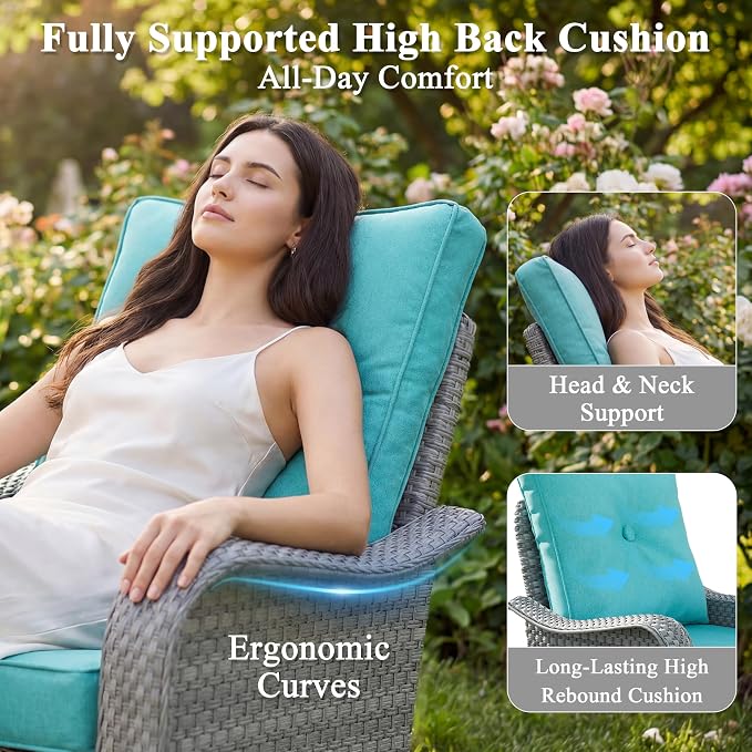 7 Piece Wicker Patio Furniture Set with 55,000 BTU Fire Pit Table, Swivel Rocking Chairs, 4''Cushions, PE Rattan, Wind Guard Glass, for Backyard, Deck or Balcony, Blue