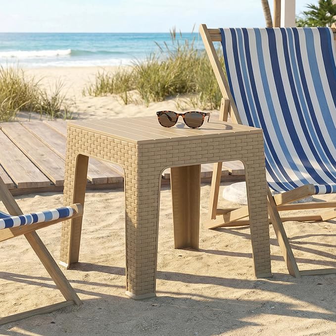 Sunnydaze Adirondack Small Outdoor Side Table for Balcony Essentials - Plastic Square End Table for Outside Patio - Beige