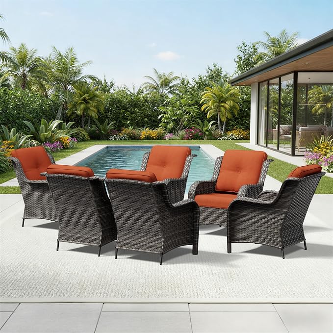 Joyside 6 Piece Wicker Patio Furniture Set, Rattan Patio Chairs with High Back, Deep Seating, Wide Armrest, Thickened Cushions, Outdoor Furniture for Deck, Porch Use