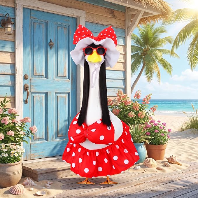 Abbylike Summer Bikini Porch Goose Outfit Red Polka Dot Bikini Goose Costume Clothes with Wig Sun Hat Sunglasses Fits Large 23'' H Cement Statue for Outdoor Yard Patio Lawn Art Decoration