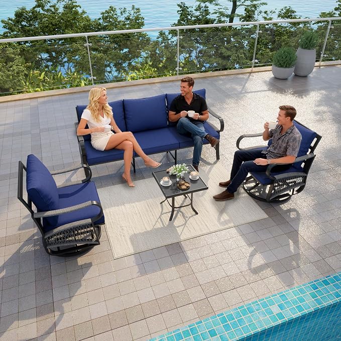 4 Pieces Outdoor Furniture Set, Patio Conversation Set with Swivel Rocking Chairs Sets and 3-Seater Couch Sofa for Deck, Porch, Garden, Backyard, Poolside (Blue Cushions)