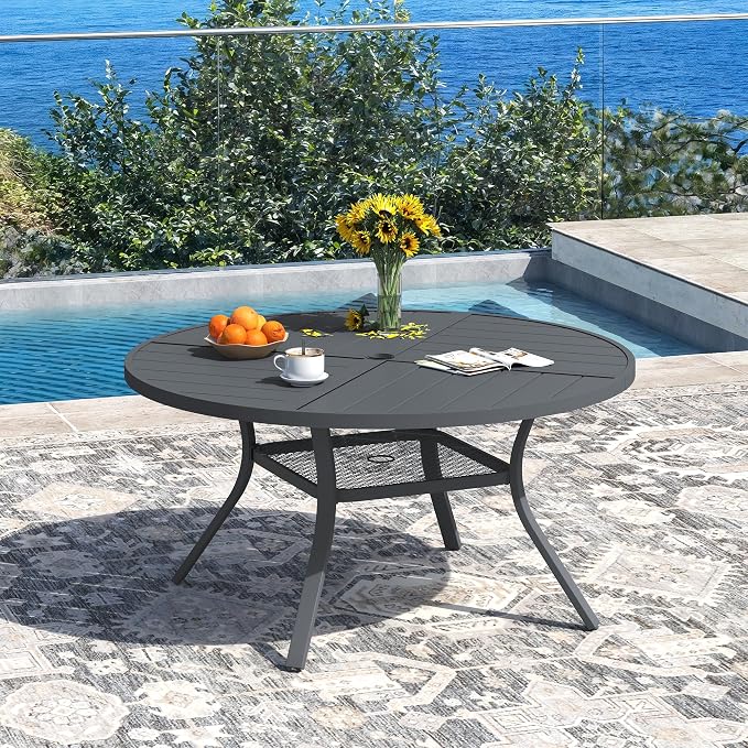 DIFY 7 Pieces Outdoor Dining Set, Metal Patio Table and Chairs Set for 6, 47.2" Round Dining Table with Umbrella Hole & Wicker Stackable Patio Chairs with Cushions, Grey Tabletop