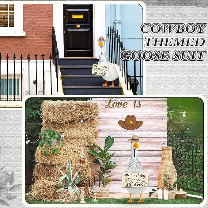 Funny Porch Goose Outfit Decoration Set Silly Goose on The Loose Hangings Sign Cowboy with Outfit Cowboy Hat Bandana for 23" Cement/Plastic Outdoor Statue Patio Yard Lawn Art(White,Khaki)
