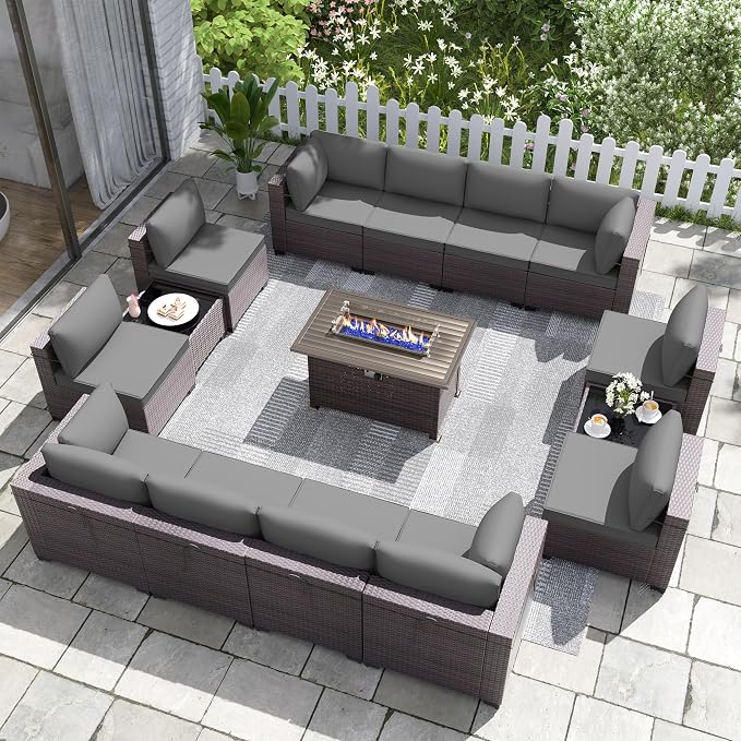 Kurapika 15 Pieces Patio Furniture Set, Rattan Wicker Outdoor Conversation Sets w/43in Propane Fire Pit Table and 4 Inch Cushion(Grey)