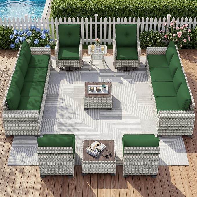 15-Piece Outdoor Patio Furniture Set with Rocking Swivel Chair Wicker Sectional Sofa Set, Patio Conversation Set with Thickened Cushions & Coffee Table for Garden, Backyard, Poolside, Green