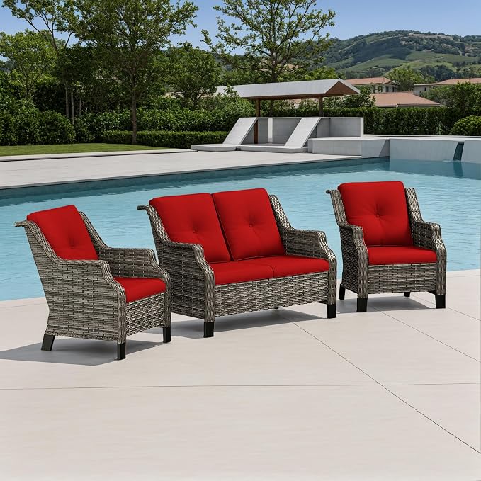 3 Piece Patio Furniture Set, 2-Seater Loveseat and 2 Chairs, Rattan Conversation Set with Deep Seating and Olefin Cushions, for Outdoors, Backyard, Porch, Deck, Garden, Red